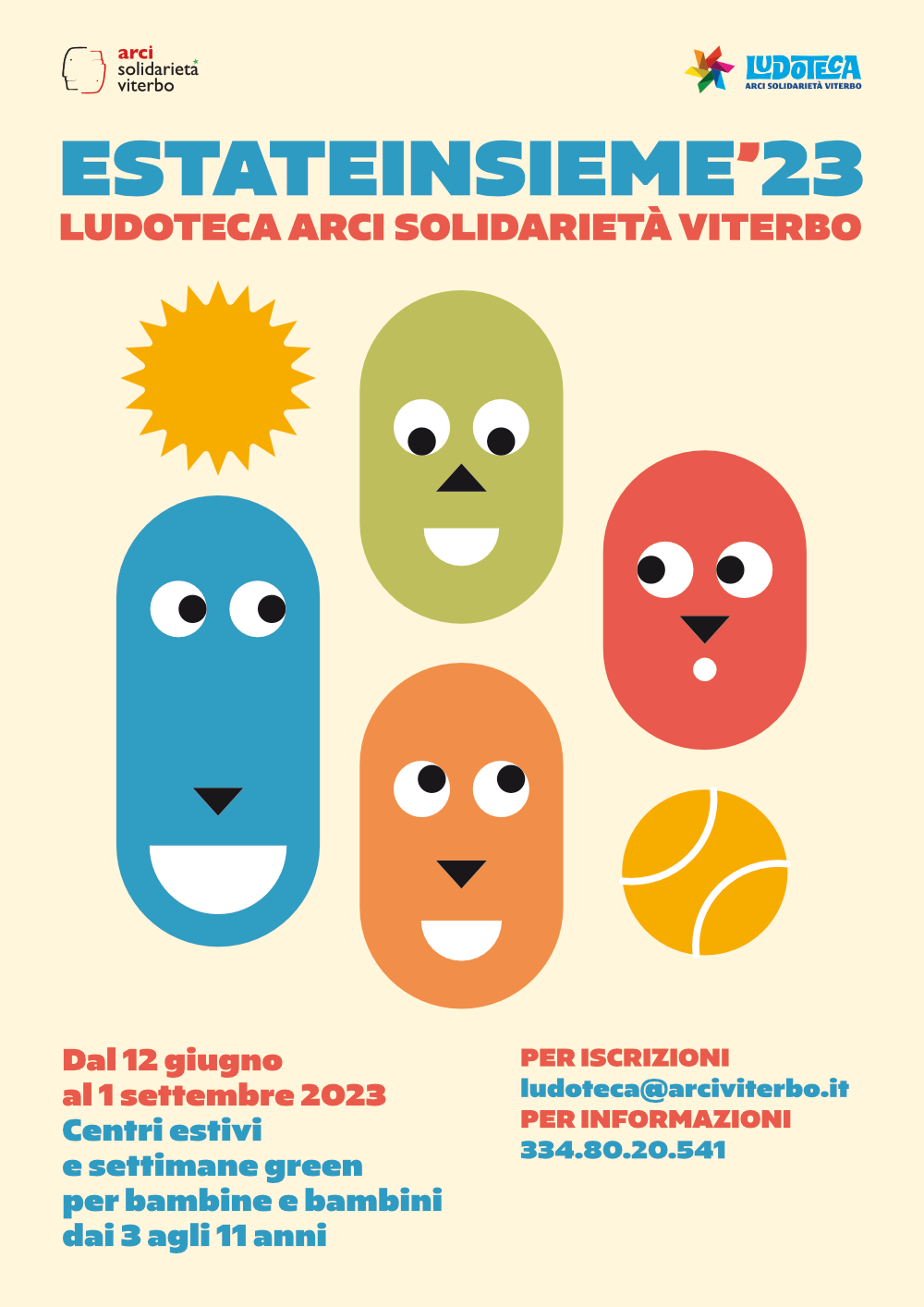 Il manifesto di Estateinsieme 2023 della Ludoteca Arci Solidarietà Viterbo, dal 12 giugno al 1 settembre 2023 centri estivi e settimane green per bambine e bambini dai 3 agli 11 anni.