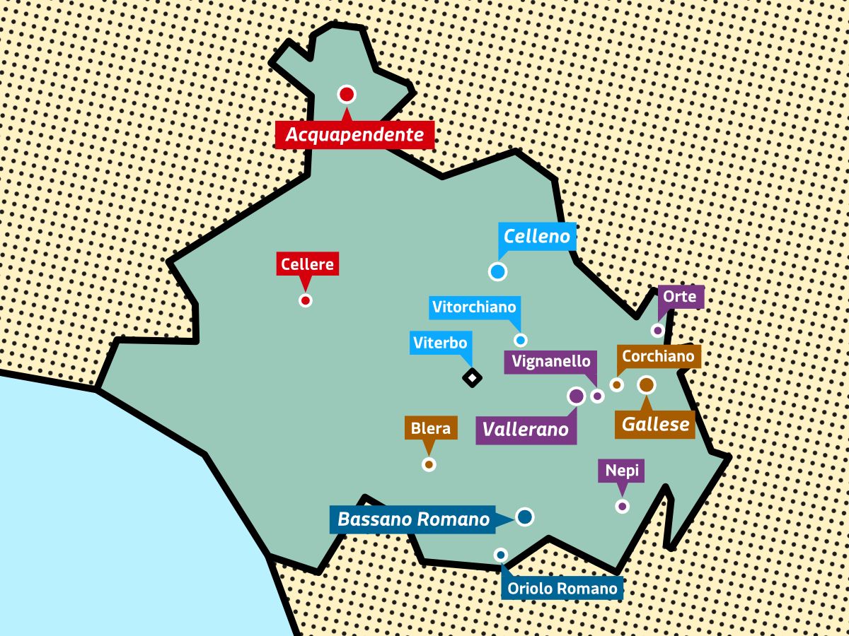La collocazione dei Comuni dei progetti SAI gestiti da Arci Solidarietà Viterbo all’interno dei confini della provincia di Viterbo.