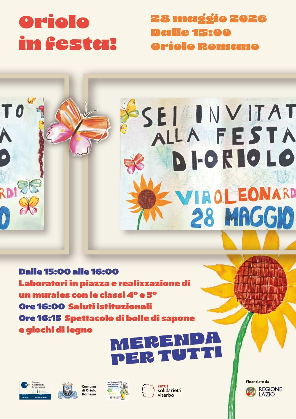 La locandina di Oriolo in festa con le immagini create dai bambini di Oriolo Romano, una farfalla, un girasole e l'invito alla festa