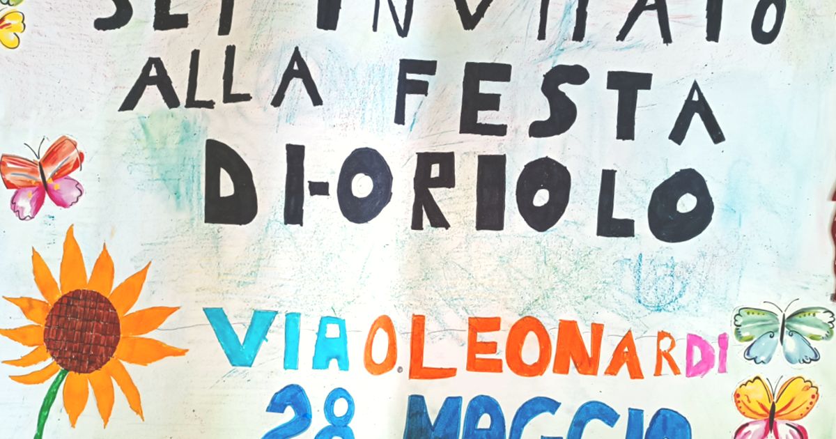 L'immagine creata dai bambini di Oriolo Romano per la festa. il testo: Sei invitato alla festa di Oriolo, via O. Leonardi 28 maggio"