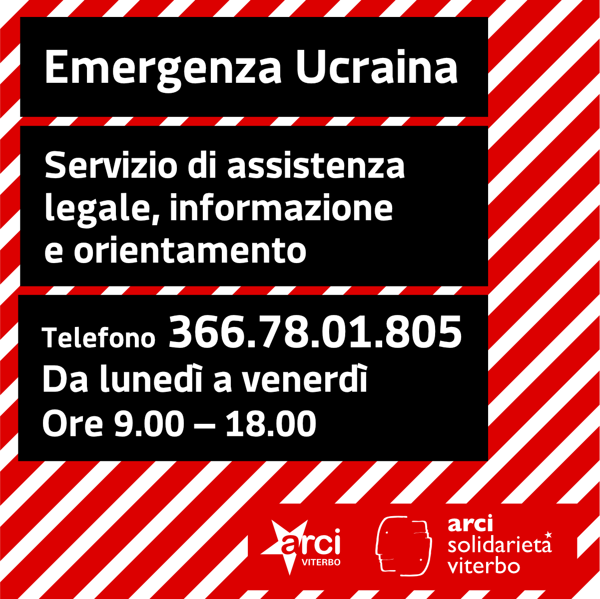 Emergenza Ucraina. Servizio di assistenza legale, informazione e orientamento. Telefono 366.78.01.805 dal lunedì al venerdì dalle 9:00 alle 18:00.