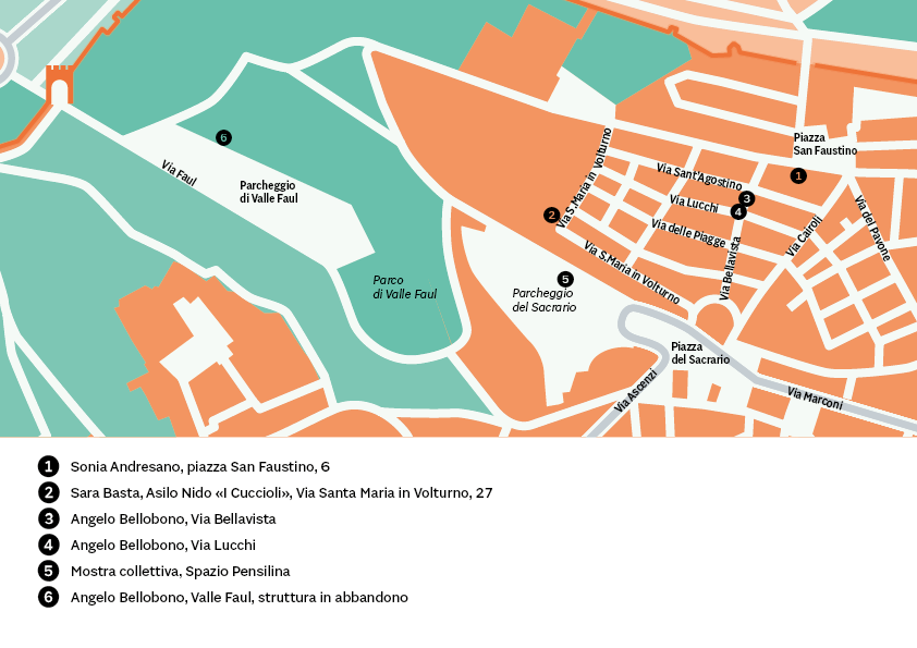 La mappa degli interventi artistici di Dove finisce la città. piazza San Faustino 6 (Sara Andresano); via Santa Maria in Volturno 27 (Sara Basta); via Bellavista (Angelo Bellobono); via Bellavista angolo Via Lucchi (Angelo Bellobono); parcheggio valle Faul, struttura abbandonata (Angelo Bellobono), Spazio Pensilina, piazza Martiri d'Ungheria (mostra collettiva).