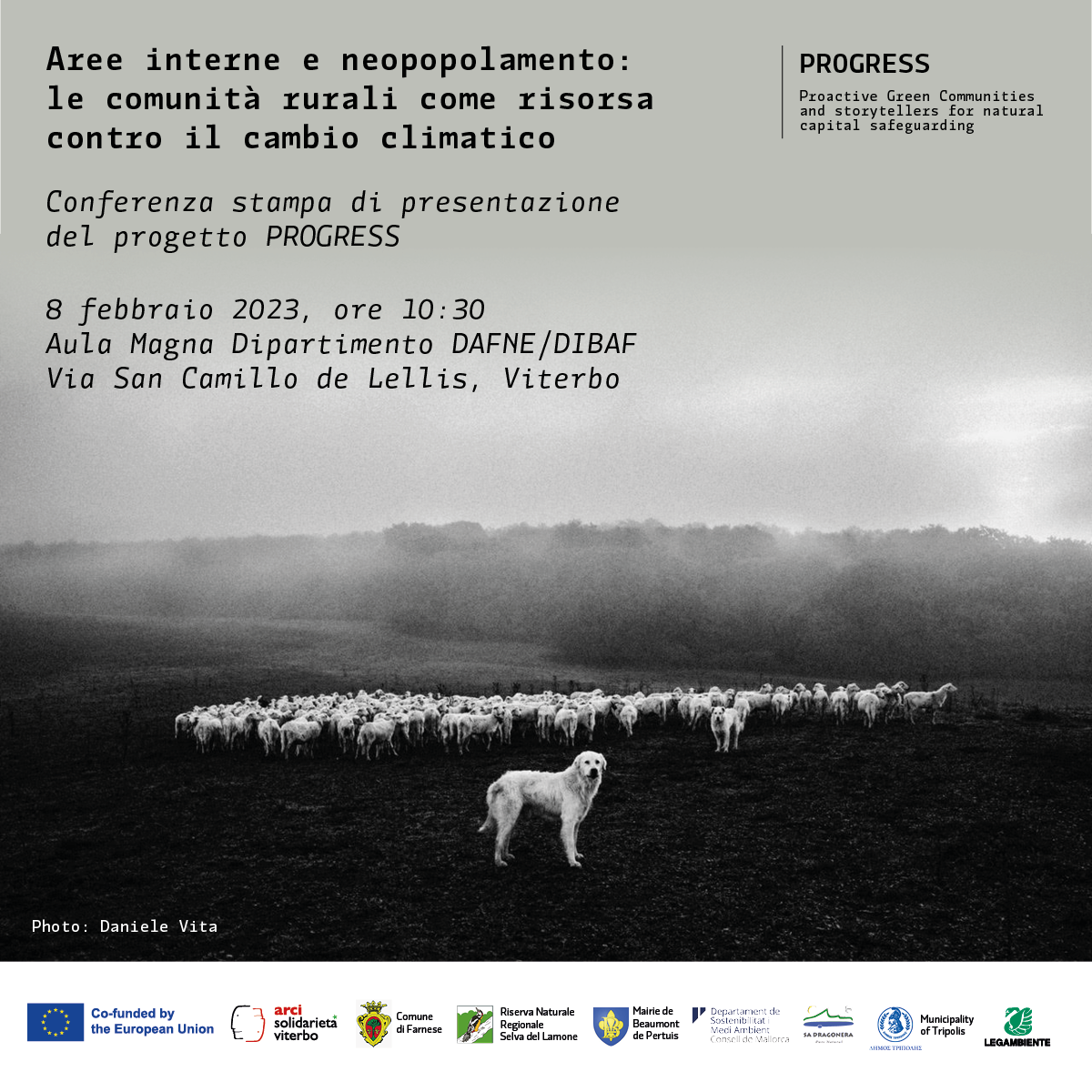 Locandina di lancio della conferenza di presentazione del progetto PROGRESS "Aree interne e neopopolamento: le comunità come risorsa contro il cambio climatico", 8 febbraio 2023 alle 10:30 presso l'Aula Magna del Dipartimento DAFNE/DIBAF (via San Camillo De Lellis, a Viterbo).