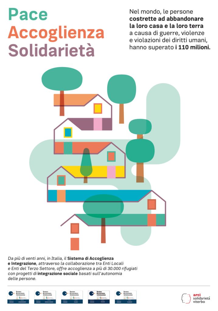 Manifesto della campagna "Pace, accoglienza, solidarietà". Ill manifesto rappresenta delle abitazioni, colorate e collegate tra loro da una linea, immerse tra alberi.